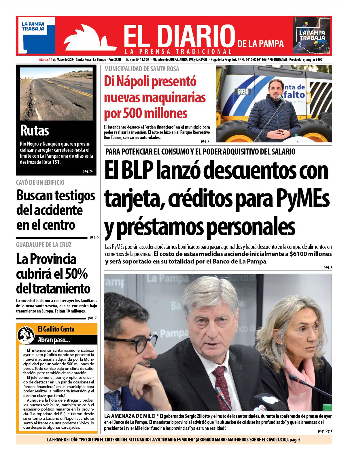 Tapa de El Diario en papel  martes 14 de mayo de 2024